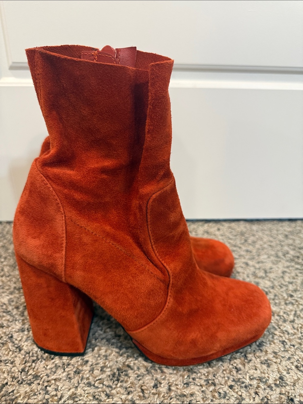 Suede Leather Boots by Office London High Block Heel rust color 39/8.5